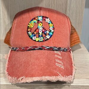 Hand crafted Peace sign trucker hat, by Susie.